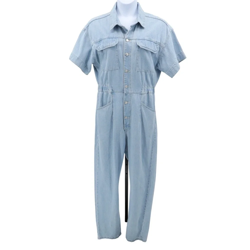 Free People We The Free Marci Denim Coverall Jumpsuit Clear Skies XL Light Wash - Picture 2 of 8